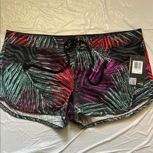 Hurley Black Shorts with Teal, Red, and Purple Palm Print